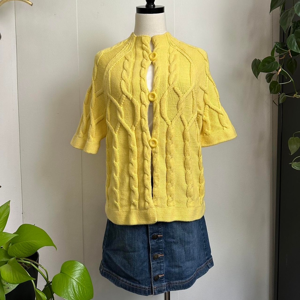 Calvin Klein Jeans Yellow Cable Knit Cardigan Mock Neck Short Sleeve Sweater L